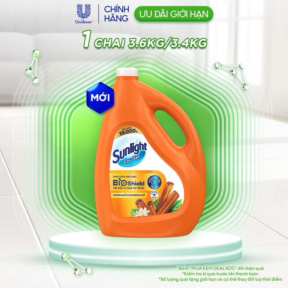 Nước lau sàn cao cấp Sunlight Bioshield Chai 3.4KG/3.6KG | Ngăn côn trùng đến 24h / Khử 5 mùi hôi