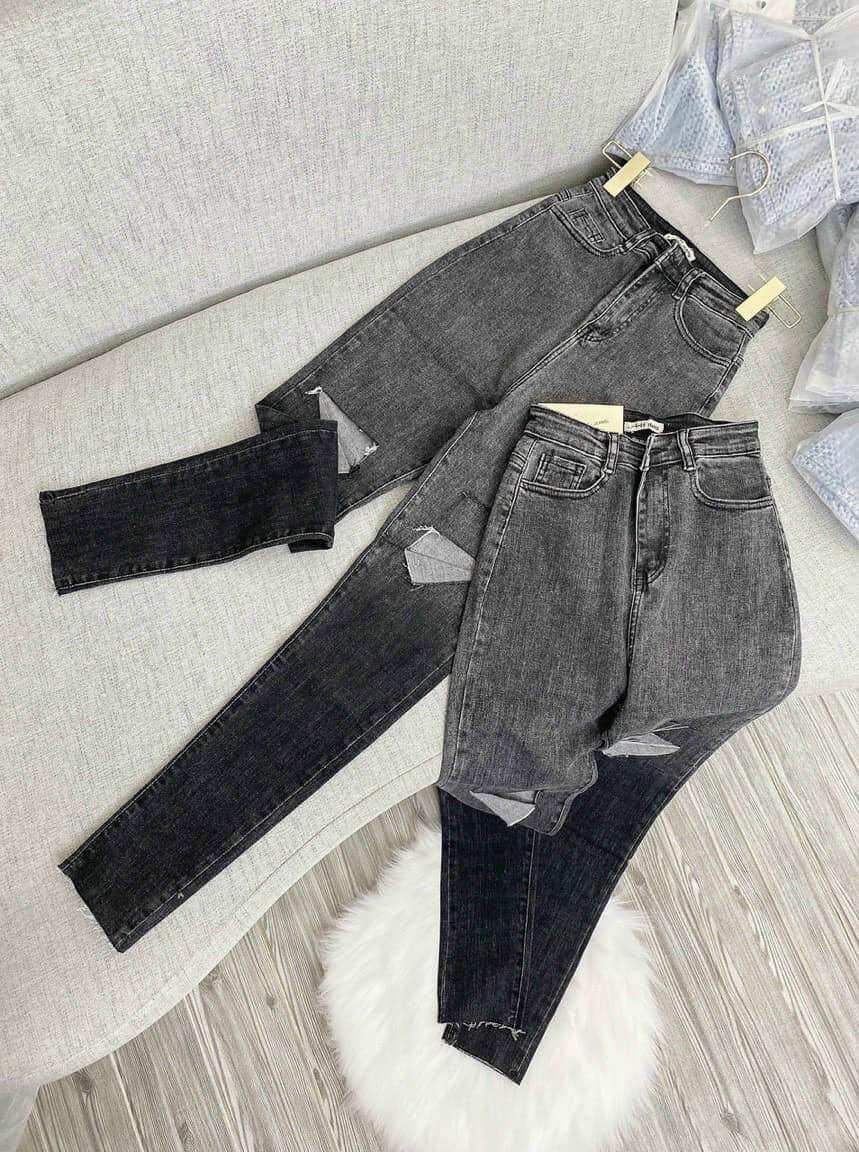 Quần jean nữ lưng cao, jean nữ rách màu xám ms3202