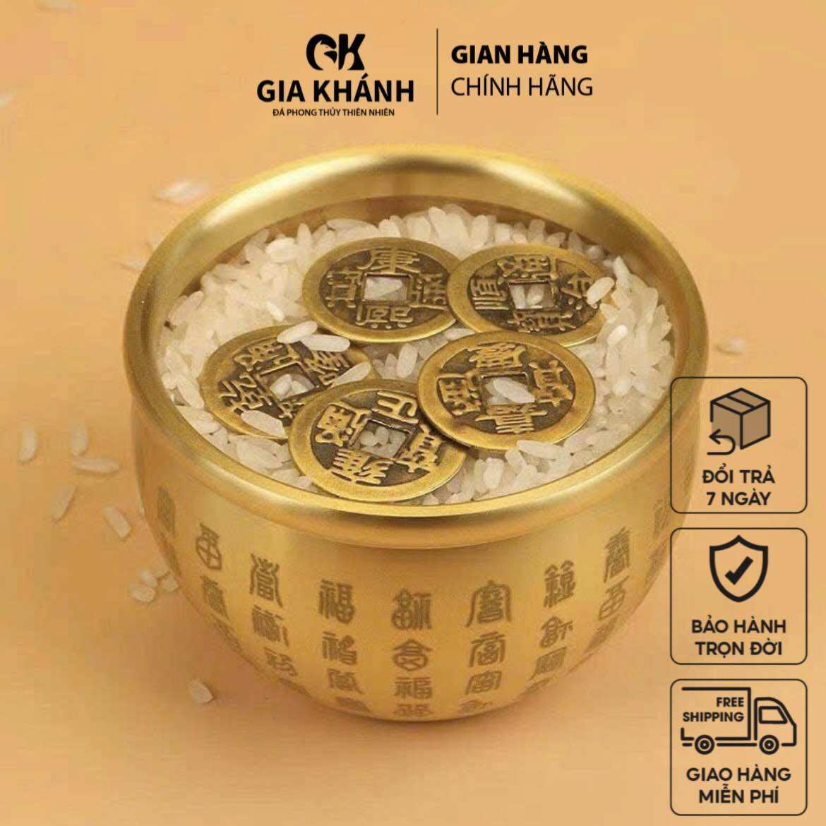 Bát Tụ Bảo Bách Phúc bằng đồng thau nguyên chất + tặng 5 đồng xu ngũ đế kích tài tụ lộc