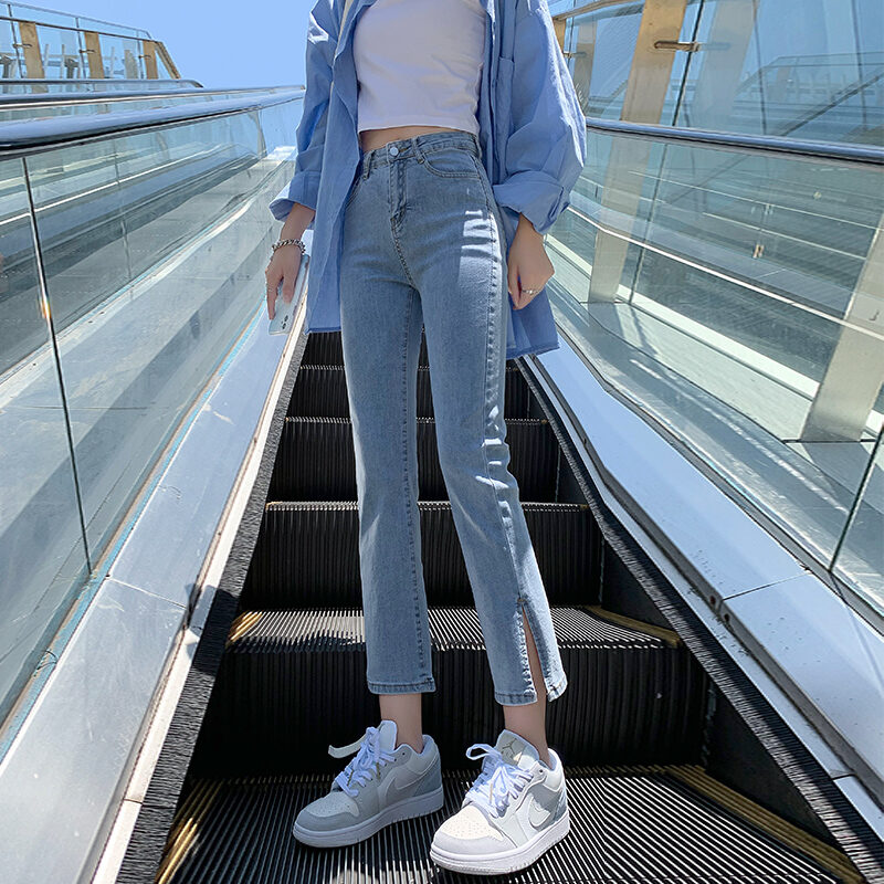 Quần Jeans Denim Ống Thẳng Cạp Cao Cho Nữ Quần Denim Co Giãn Mát Xanh Nhạt Quần Ống Loe Thời Trang Xuân Thu