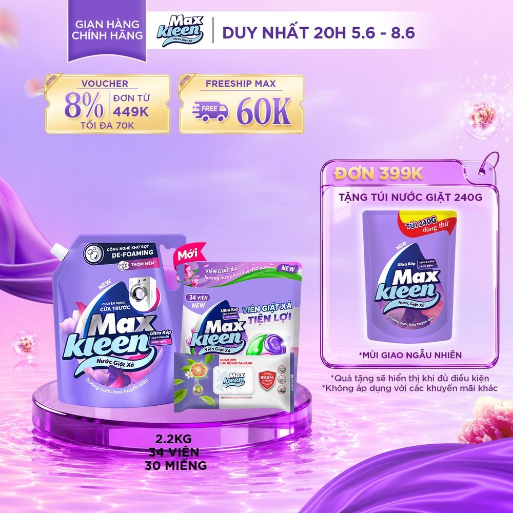 Combo Túi nước giặt cho máy giặt cửa trước Huyền Diệu 2.2kg + Túi viên hương Huyền Diệu 34 viên + Khăn ướt