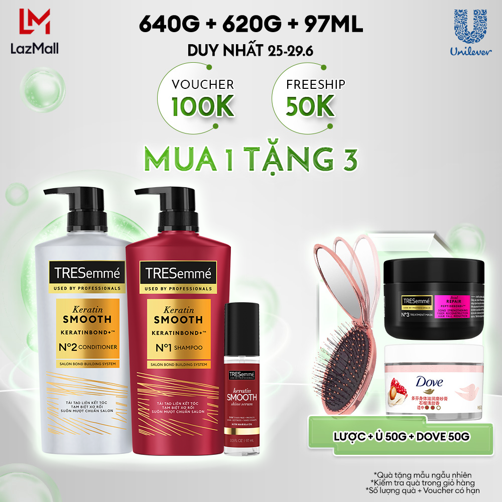 Combo Dầu Gội, Dầu Xả, Serum TRESemmé Keratin Smooth Keratinbond+ 640g, 620g, 100ml Cho Tóc Khô Xơ Rối Vào Nếp Suôn Mượt