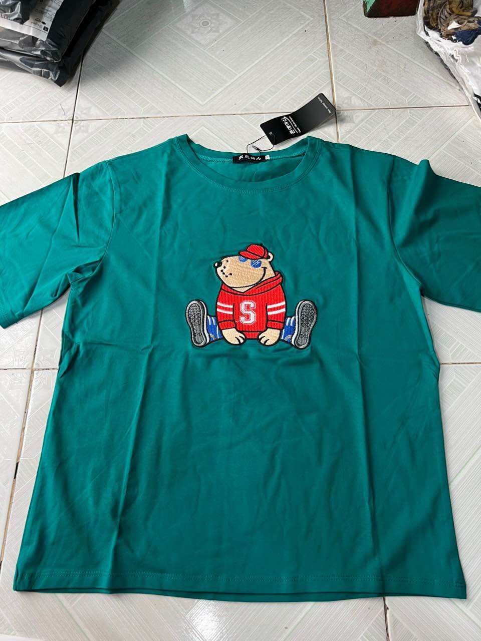 Bộ short thun cotton áo thêu gấu