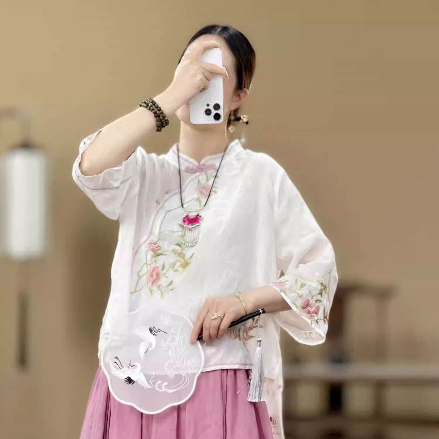 Lieoyuarn | Áo Sơ Mi Phong Cách Cheongsam Thêu Hoa Văn Cổ Điển Cotton Linen