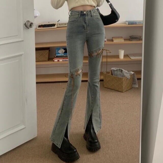 Quần jeans ống loe lưng cao phối dây thắt