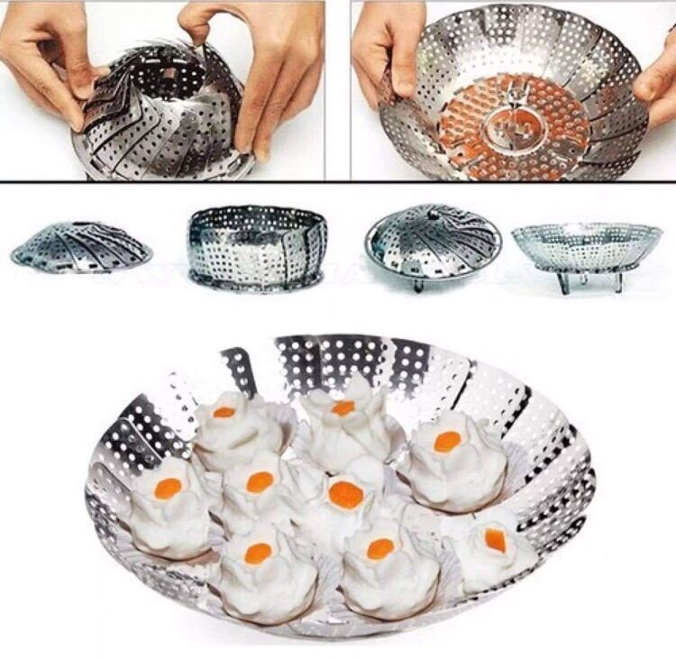 Xửng hấp vỉ hấp rổ hấp inox 3 chân gấp gọn 24cm
