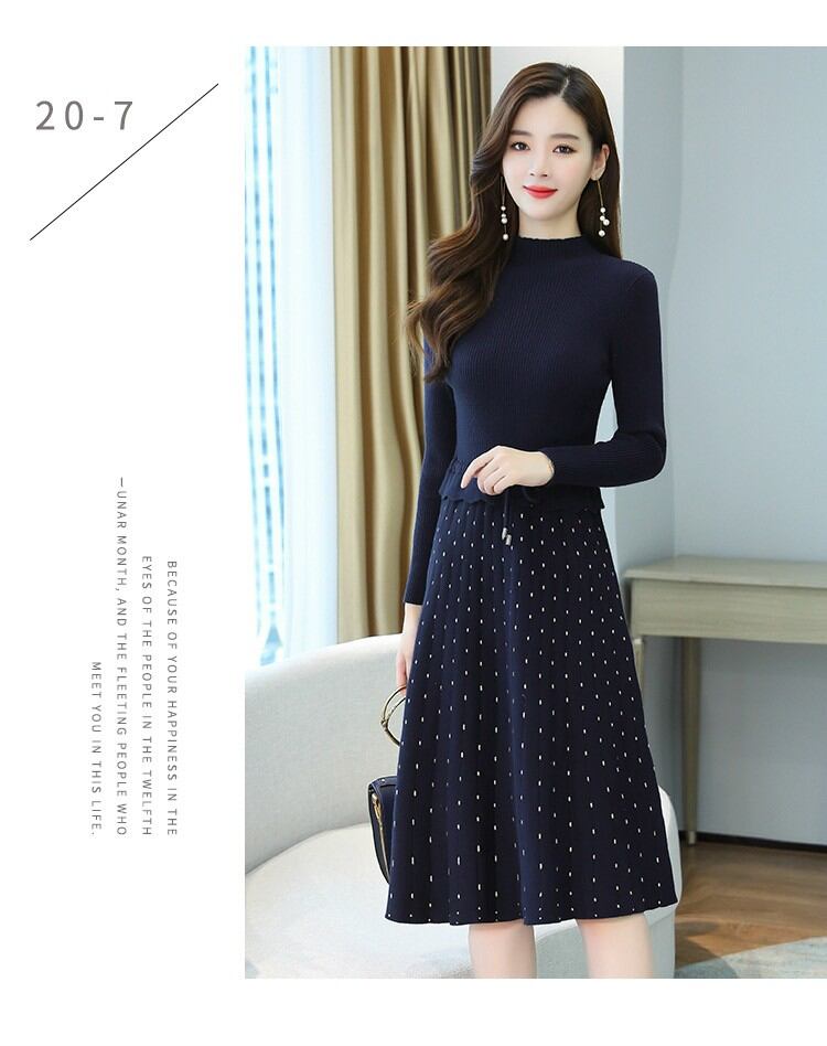Đầm len xoè chân váy chấm bi cao cấp