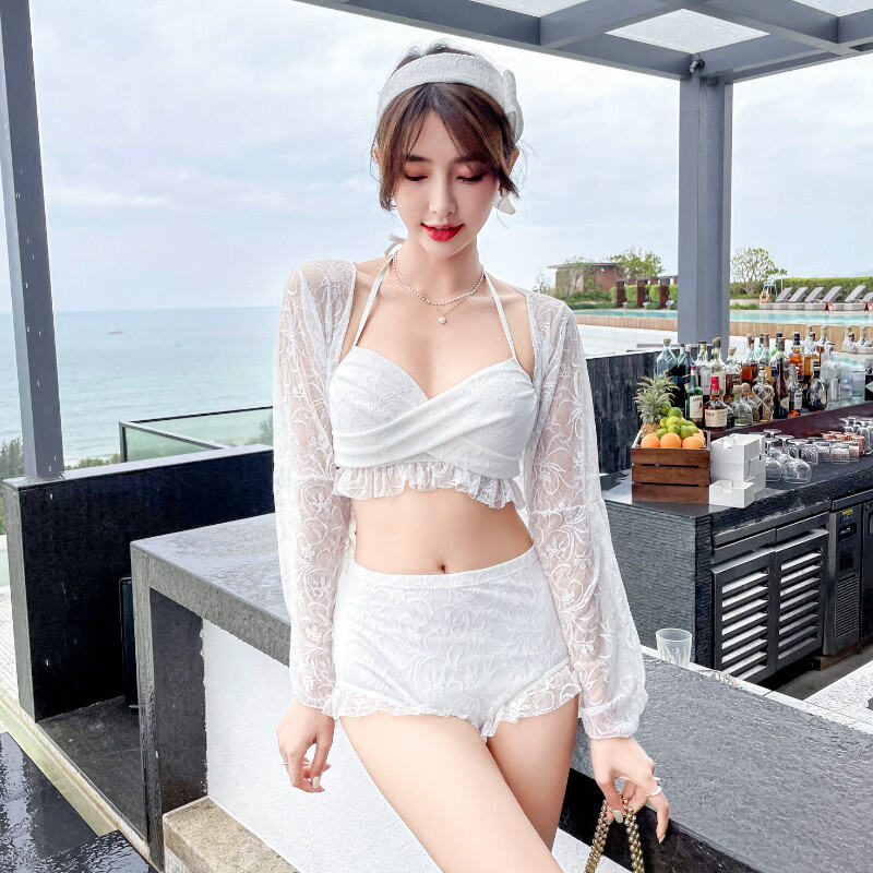 Bộ Đồ Bơi Lội Ba Mảnh Ren Gợi Cảm Mùa Hè Cho Nữ Tay Dài Quần Đùi Cạp Cao Đồ Bơi Lội Thể Thao Thể Dục Đồ Tập Yoga