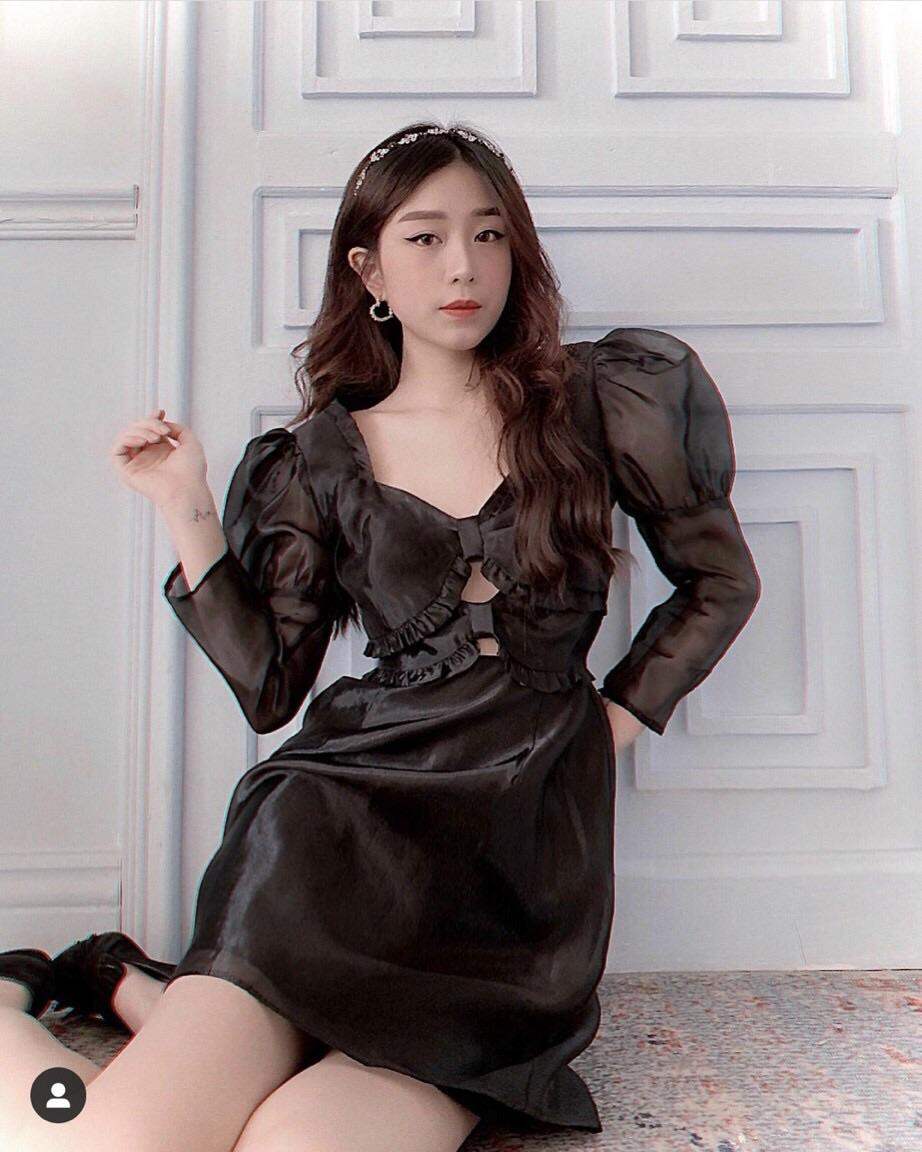 Đầm đen tay dài chất liệu voan organza