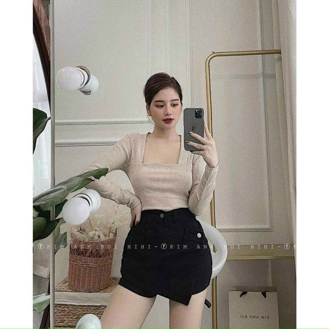Áo Thun Gân Cổ Vuông Tay Dài