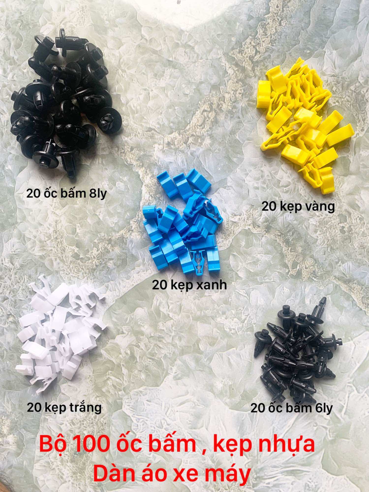 Bộ 100 ốc bấm , chốt kẹp nhựa dàn áo xe máy