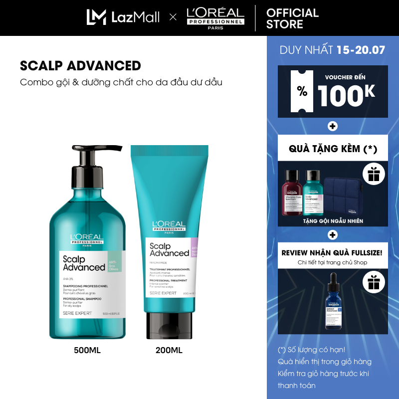 Liệu trình dưỡng tóc giúp giảm tiết bết dầu da đầu, giảm bết tóc L'Oréal Professionnel Scalp Advanced - Dầu gội 300ml/500ml, Dưỡng chất 200ml - Dành cho da đầu dư dầu, tóc bết