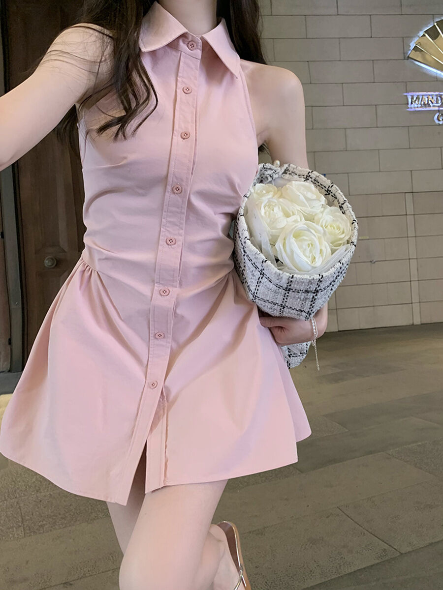 Váy Ngắn Khí Chất Cổ Áo Polo Váy Liền Phong Cách Thuần Dục Nữ Mùa Hè Váy Sơ Mi Hở Vai Treo Cổ Không Tay Chít Eo Thân Hình Nhỏ