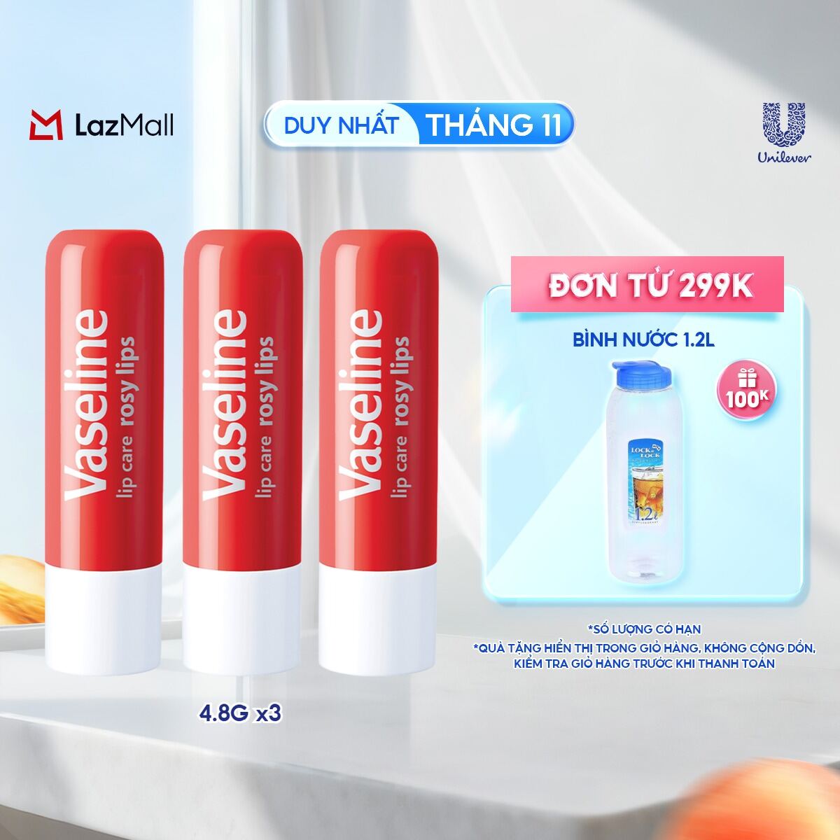 Combo 3 son dưỡng môi Vaseline Lip Care Hồng Xinh dạng thỏi 4.8g