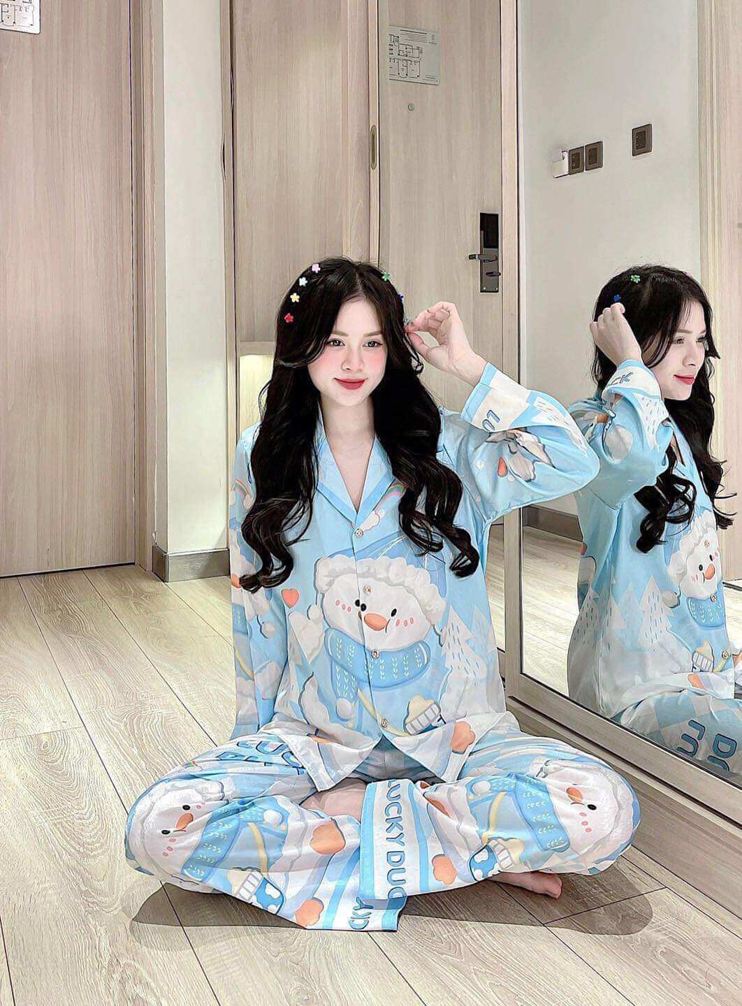 Bộ Đồ Ngủ Pijama Lụa Xước Cao Cấp Áo Tay Dài