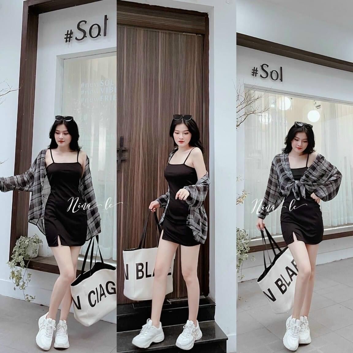 55-90kg bigsize set đầm body xẻ kèm áo sơ mi caro