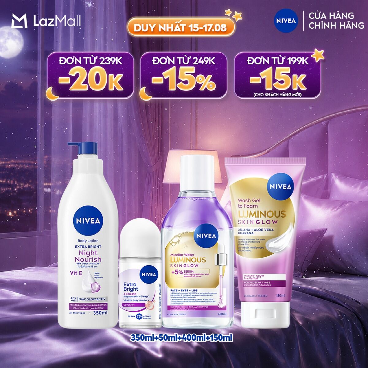 Combo NIVEA Luminous Skin Glow: Tẩy Trang, Sữa Rửa Mặt, Sữa Dưỡng Thể và Lăn Ngăn Mùi