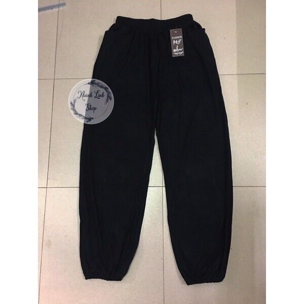 Quần cottong đen trơn bo gấu, quần Jogger dáng dài bo gấu
