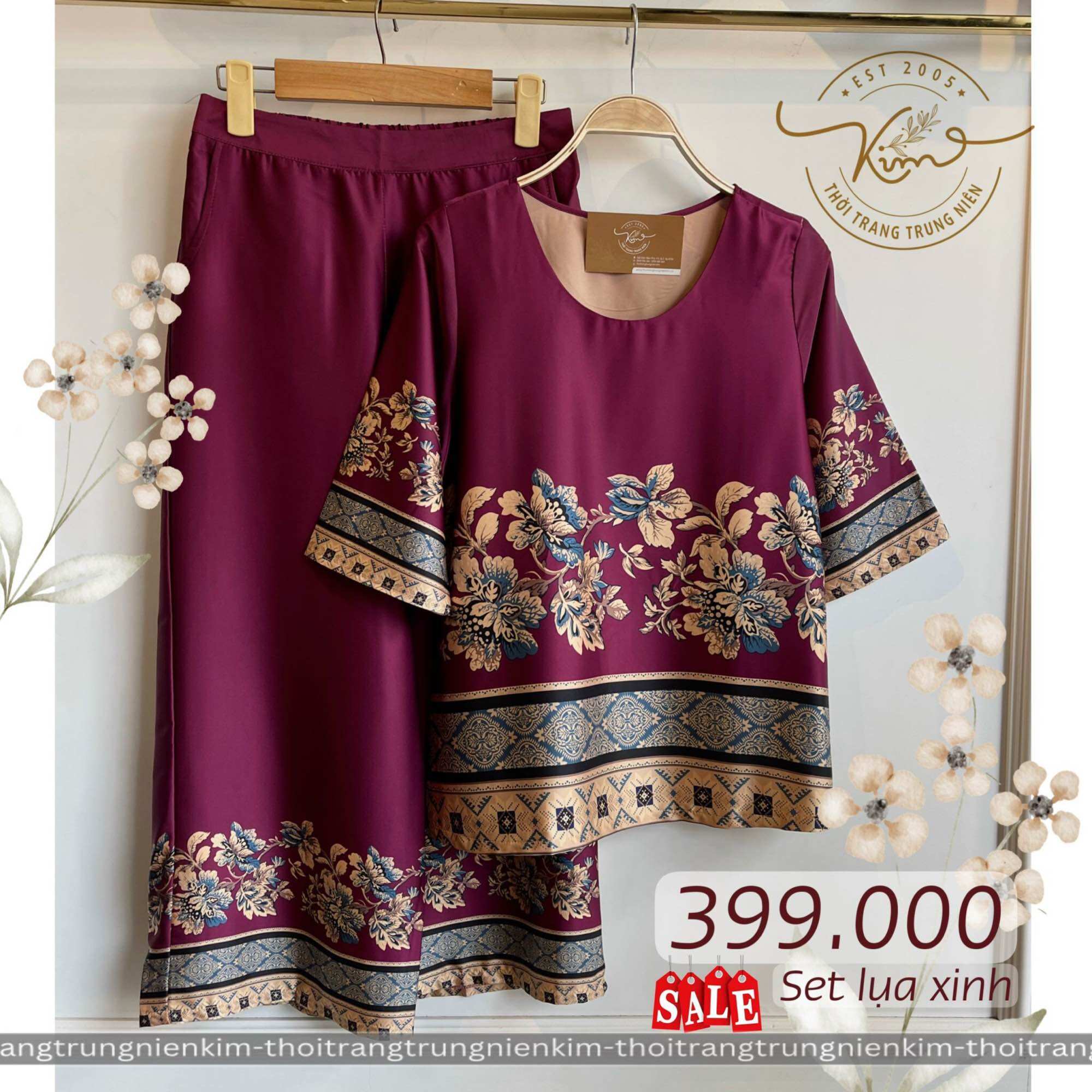 Sét bộ lụa trung niên cao cấp hoa văn hoạ tiết sang trọng Bigsize quần dài 85cm