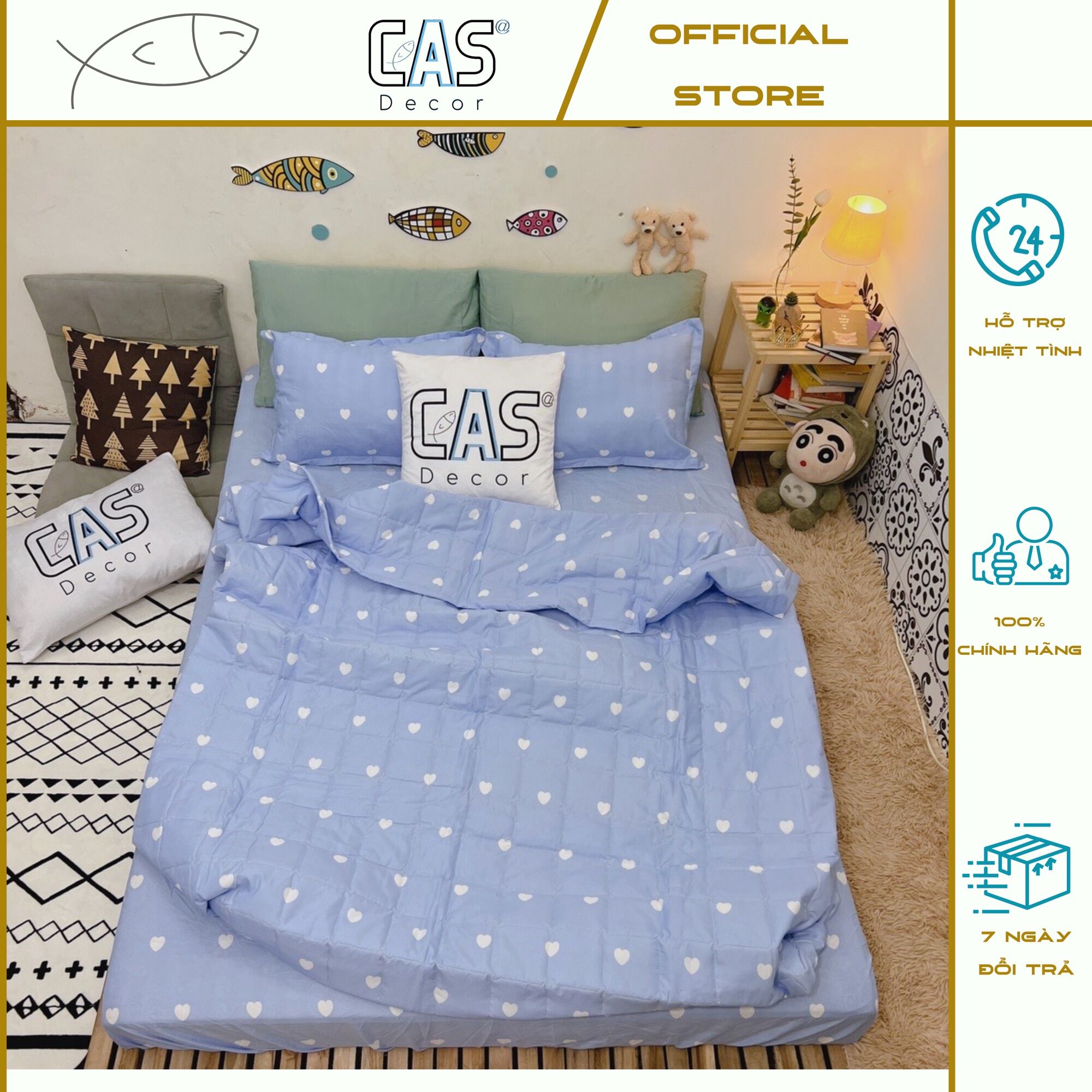 Bộ chăn ga gối cotton poly cas decor - hình tim xanh