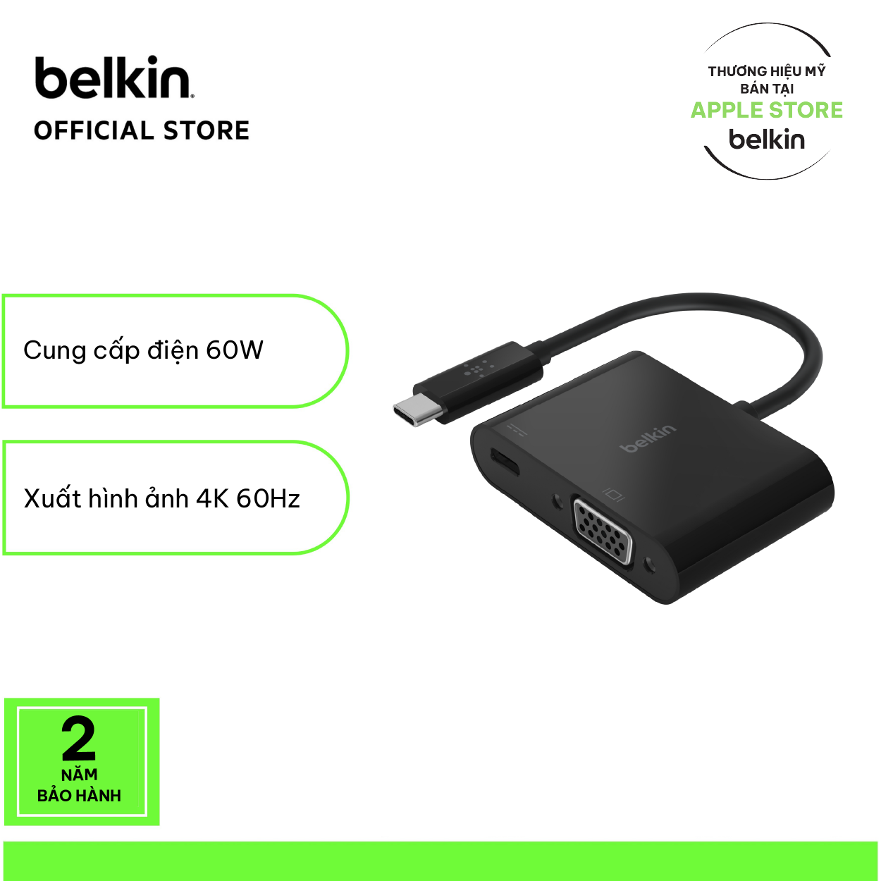 Cáp chuyển đổi USB Type C sang VGA Belkin, hỗ trợ 4K 60Hz, sạc lại PD 60W - Hàng chính hãng