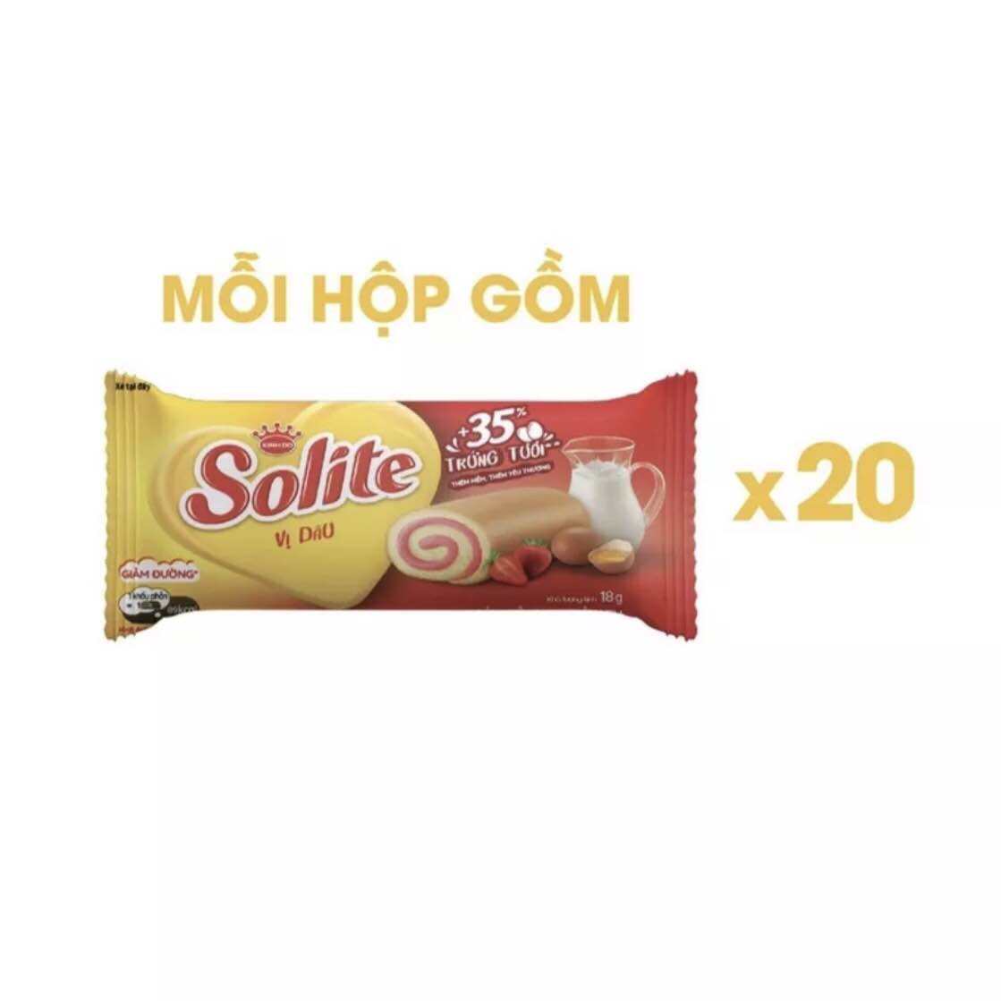 Bánh bông lan cuộn Solite Kinh Đô hộp 20 cái (360g). 