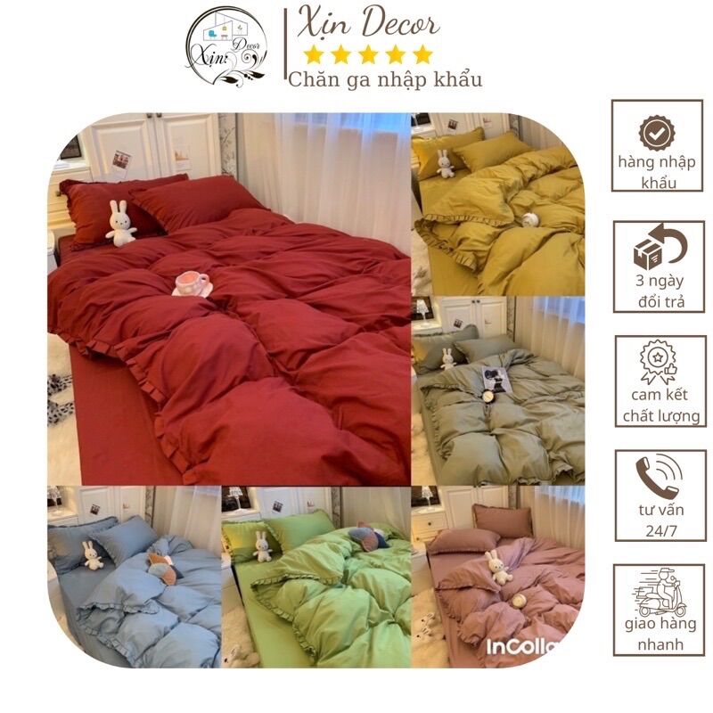 Bộ ga gối và vỏ chăn Cotton Tici bèo ngắn đơn sắc cao cấp