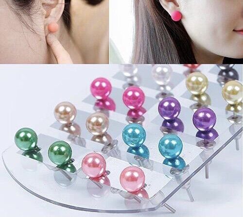 Vỉ _ 12 Đôi Bông Tai Ngọc Nhiều màu (Đường Kính 8mm)