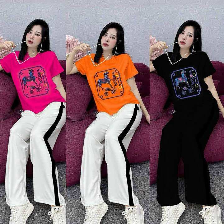 Sét bộ thun cotton quần ống rộng hoạ tiết h.m cực kỳ sang chảnh