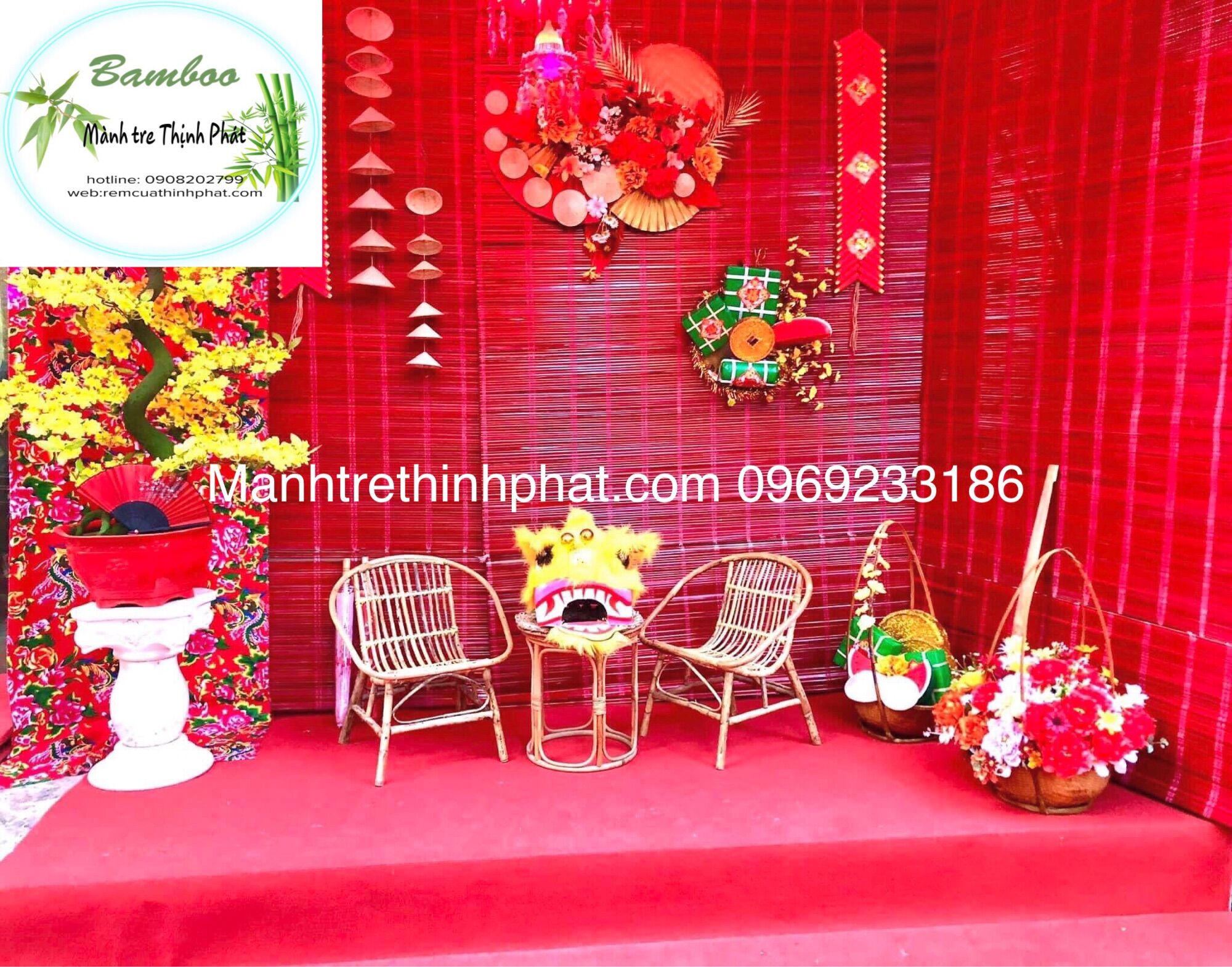 Mành tre trang trí Tết nhuộm đỏ Siêu Xinh 1.5mx2m. Mành cọ trang trí tết. Phông mành tre chụp hình. KT khác IB