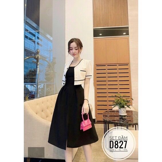 [Ảnh thật] 60=>90kg Bigsize SET ĐẦM KÈM ÁO VIỀN D827