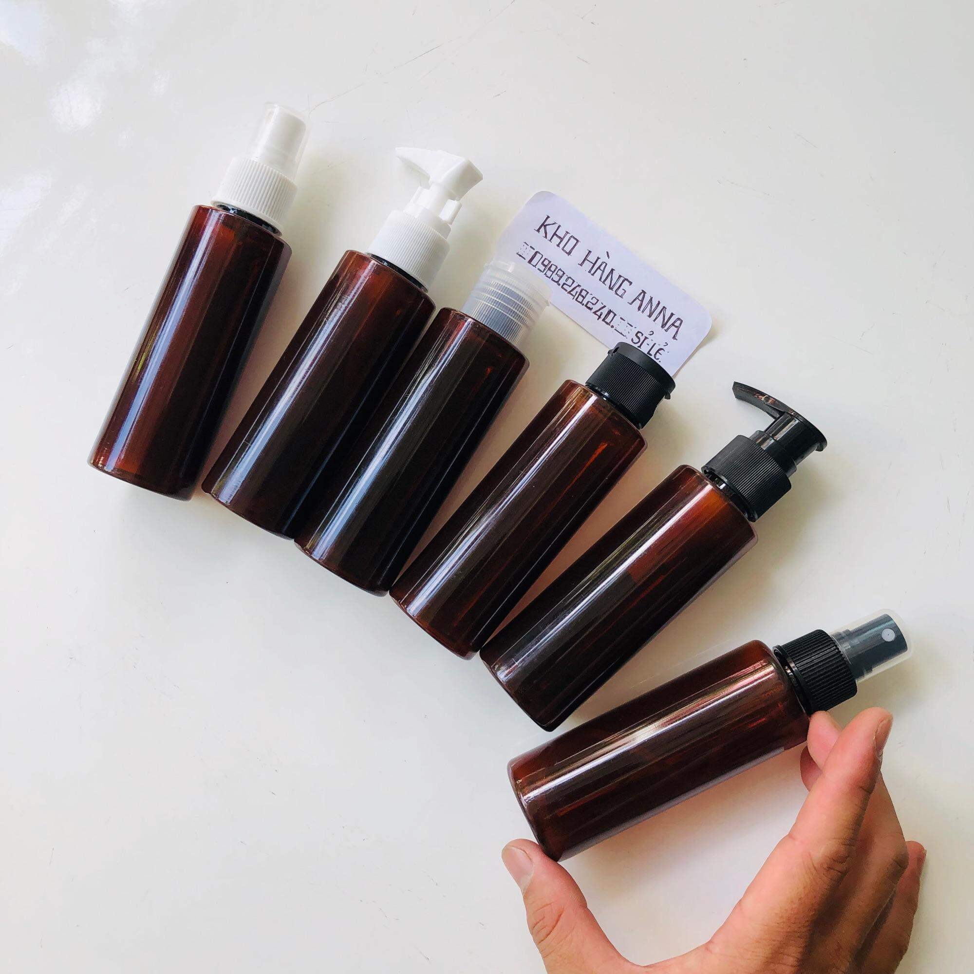 Combo 50 Vỏ chai màu nâu 100ml đến 120ml - nắp xịt sương / xịt giọt / vòi nhấn nhỏ giọt / bóp xịt kính phun sương / nắp nhấn / nắp bật / nắp nhôm ..... combo 50 chai nhựa chiết mỹ phẩm , đựng Mỹ phẩm 100ml/120ml vai ngang nâu