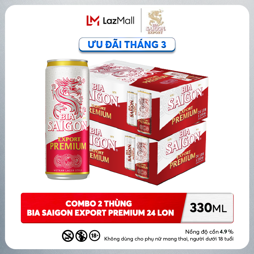 Nồng Độ Cồn 4.8% - Combo 2 Thùng 24 Lon Bia Sài Gòn Export Premium 330ml