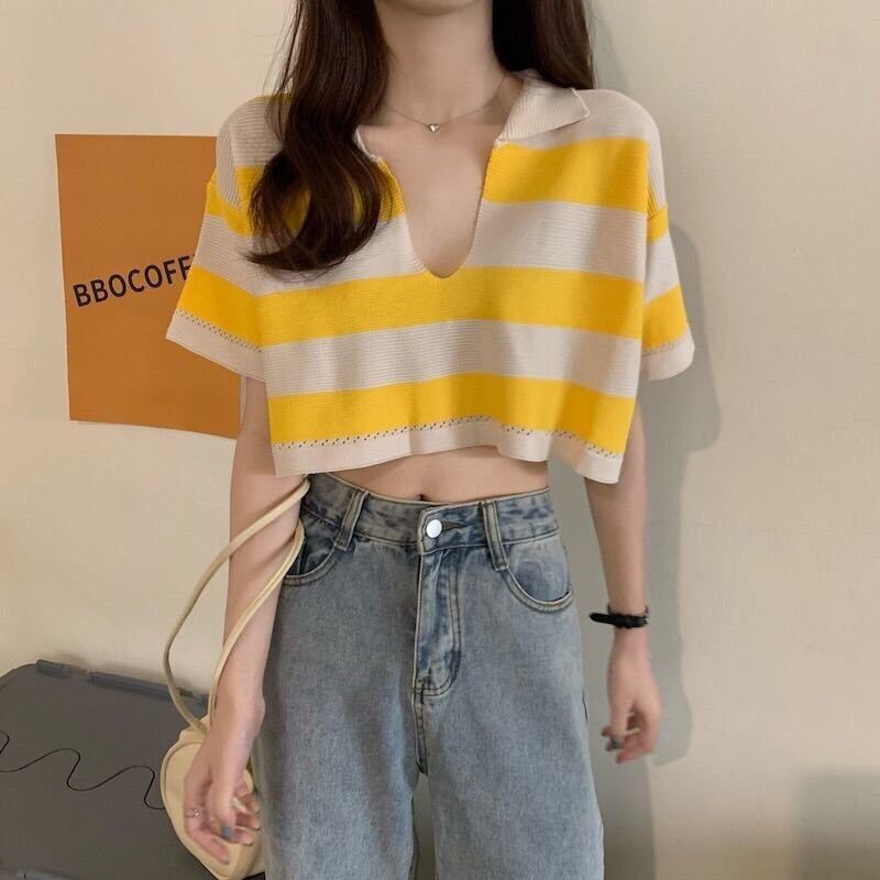 Áo len cộc tay crotop cổ bẻ sọc ngang