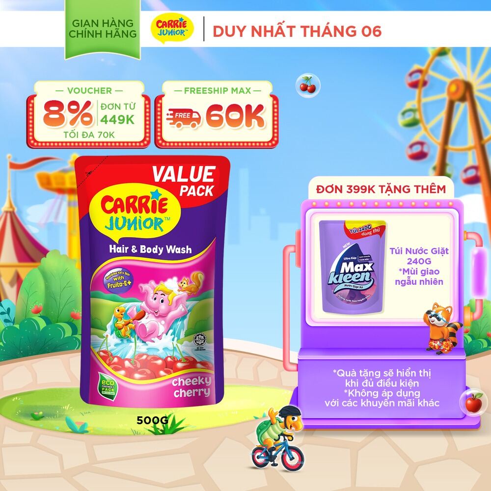 Túi Sữa Tắm Gội Cho Bé Carrie Junior chiết xuất trái cây thiên nhiên Hương Cheeky Cherry 500g