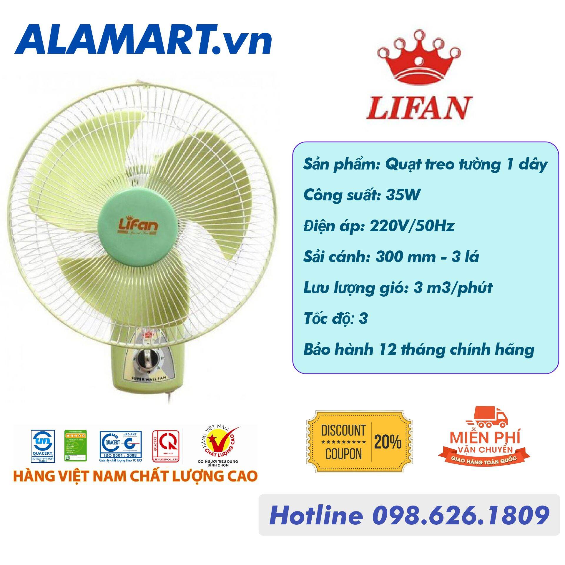 Quạt treo tường Lifan T-212 động cơ dây đồng 35w sải cánh 300mm hoạt động êm ái