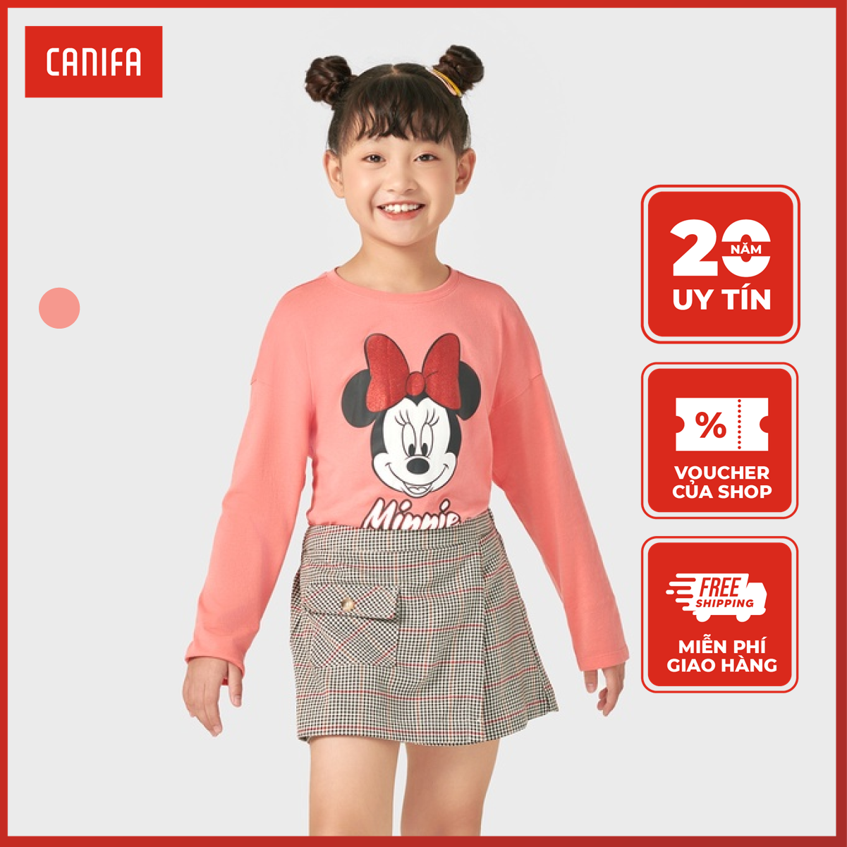 Áo phông dài tay bé gái canifa in hình mickey 1tl22w015