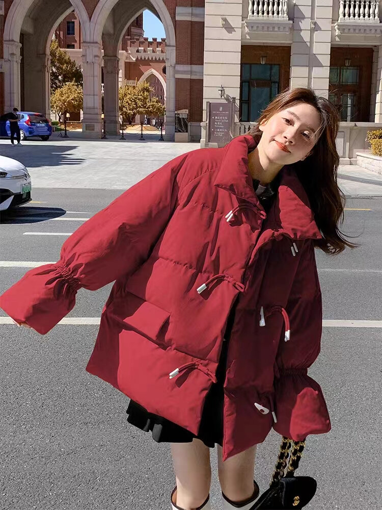 Áo Khoác Cotton Dày Màu Đỏ Cho Nữ Phong Cách Hàn Quốc HongKong Bread Style Áo Khoác Ngoài Mùa Đông C