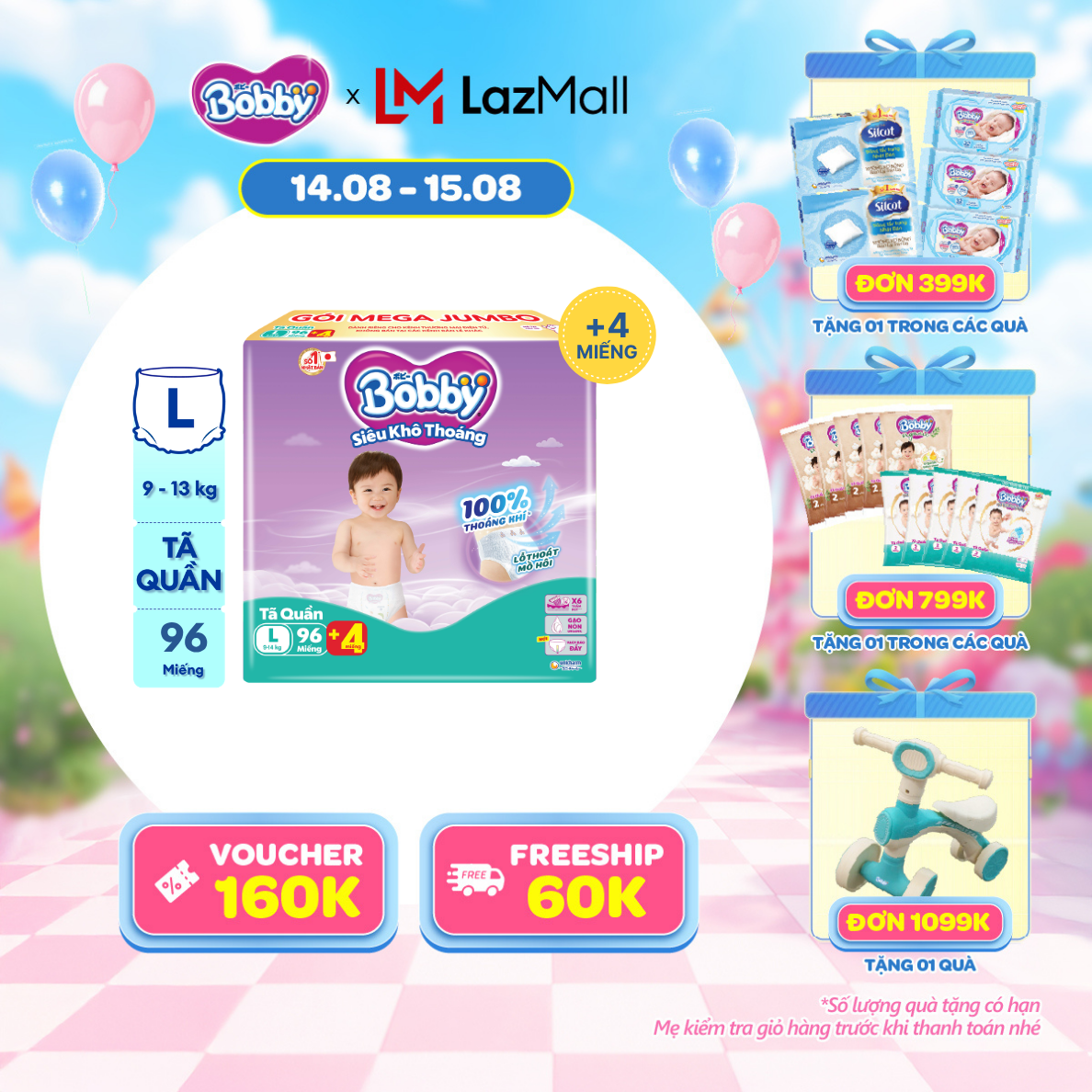 [12-14.08 QUÀ TO][TẶNG MIẾNG NGẪU NHIÊN] Tã/bỉm quần Bobby 3mm Mega Jumbo Siêu khô thoáng L96