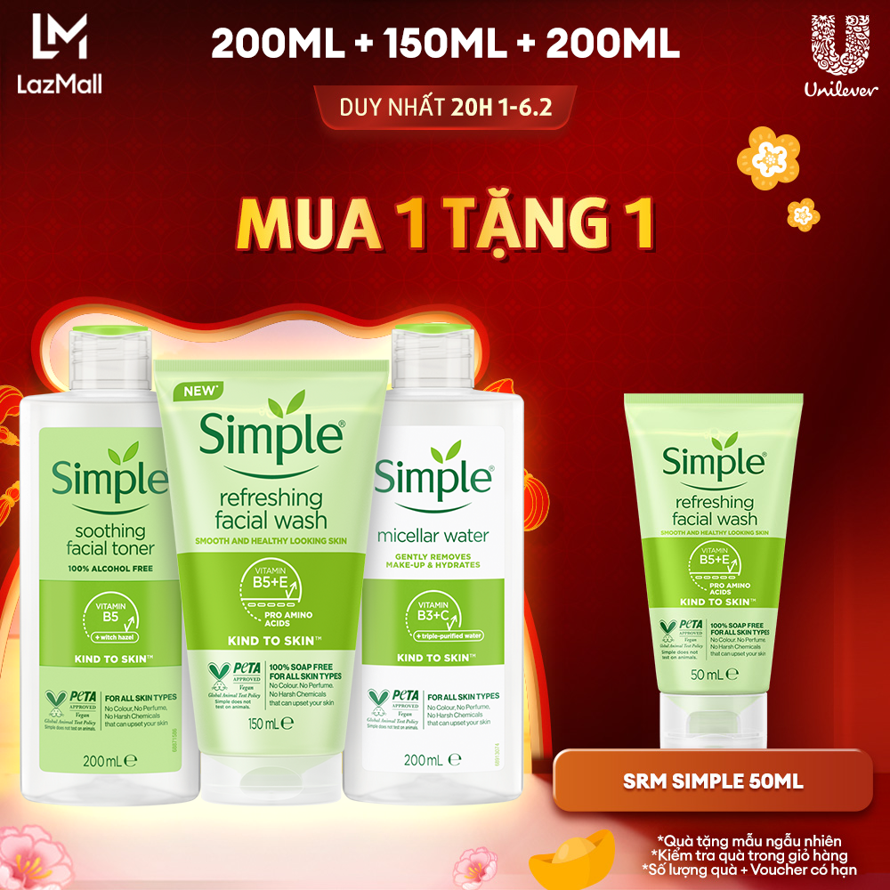 Combo Simple Tẩy trang Micellar 400ml hoặc 200ml/Sữa dưỡng ẩm 125ml + Sữa rửa mặt 150ml + Nước hoa hồng Toner 200ml cho da sạch khỏe đàn hồi [CHÍNH HÃNG ĐỘC QUYỀN]