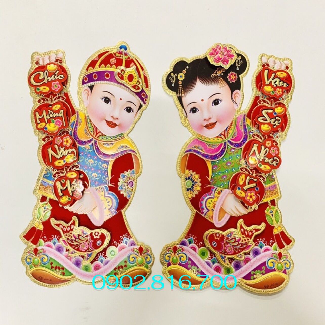 Hình dán hai em bé tiên đồng ngọc nữ trang trí tết 55cm