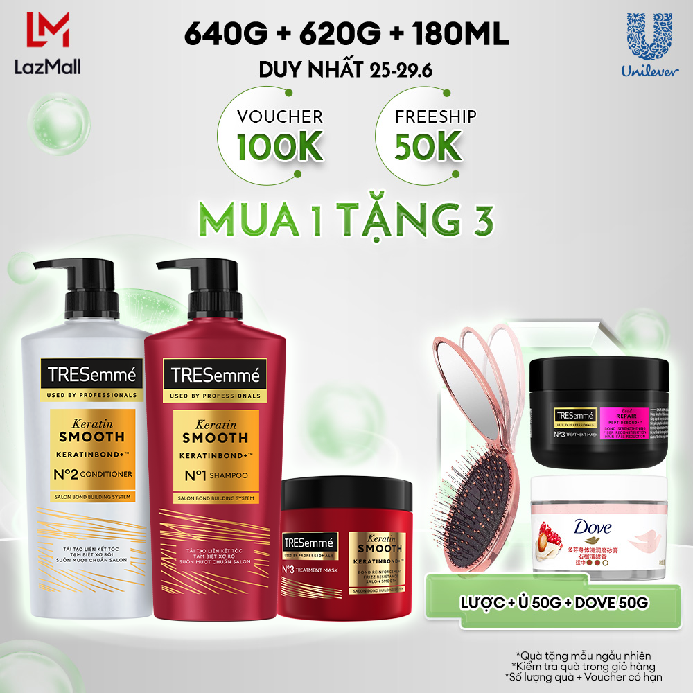 Combo Dầu Gội, Dầu Xả, Kem Ủ TRESemmé Keratin Smooth Keratinbond+ 640g, 620g, 180ml Cho Tóc Khô Xơ Rối Vào Nếp Suôn Mượt