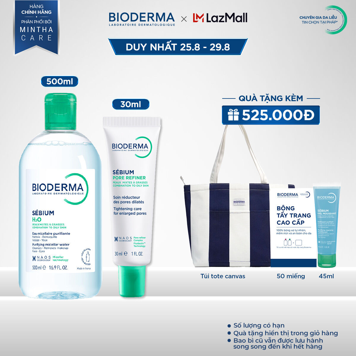 Bộ làm sạch Micellar cho da hỗn hợp và da dầu Bioderma Sebium H2O 500ml và Kem dưỡng se lỗ chân lông Pore refiner 30ml