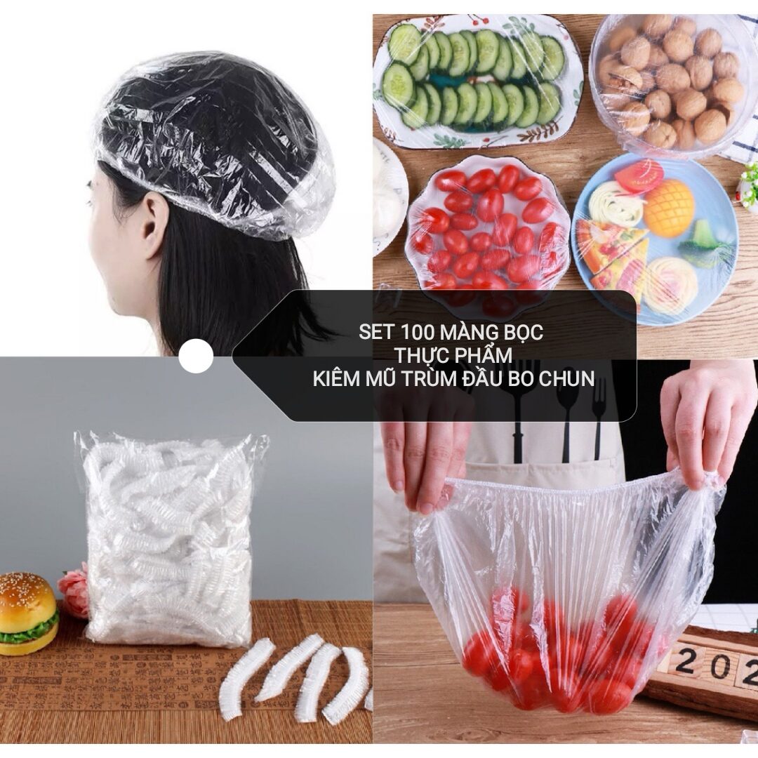 Set 100 túi màng bọc thực phẩm kiêm mũ trùm đầu bo chun đa năng