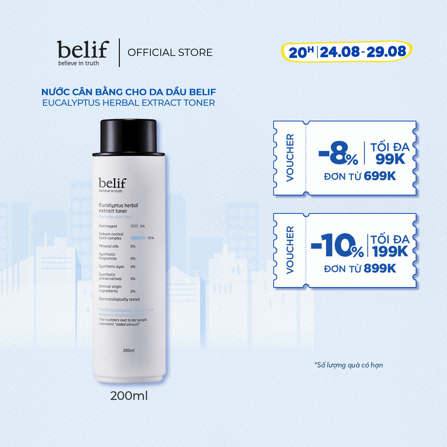 Nước cân bằng khuynh diệp ngăn ngừa mụn cho da dầu Belif Eucalyptus Herbal Extract Toner 200ml