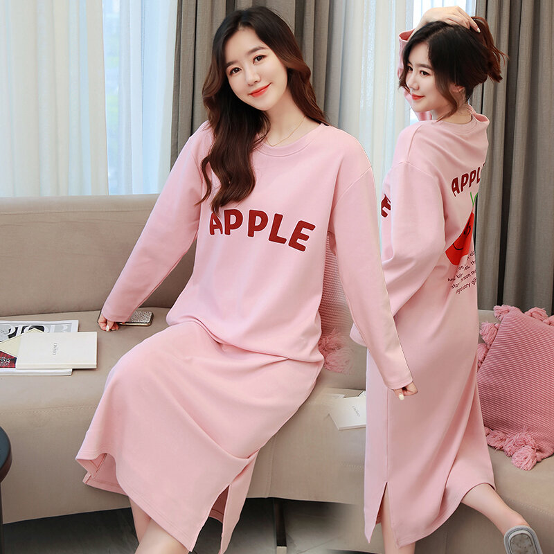 Váy ngủ màu hồng mẫu mới năm 2024 đồ ngủ mẫu mỏng dài tay cotton mùa xuân thu cho nữ đồ mặc ở nhà mẫu dài vừa mùa hè