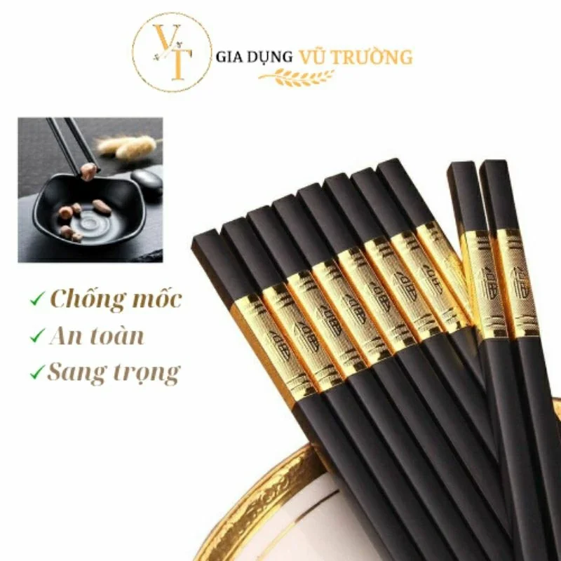 Hộp 10 đôi đũa mạ vàng sang trọng, đũa hợp kim chống mốc xuất Hàn