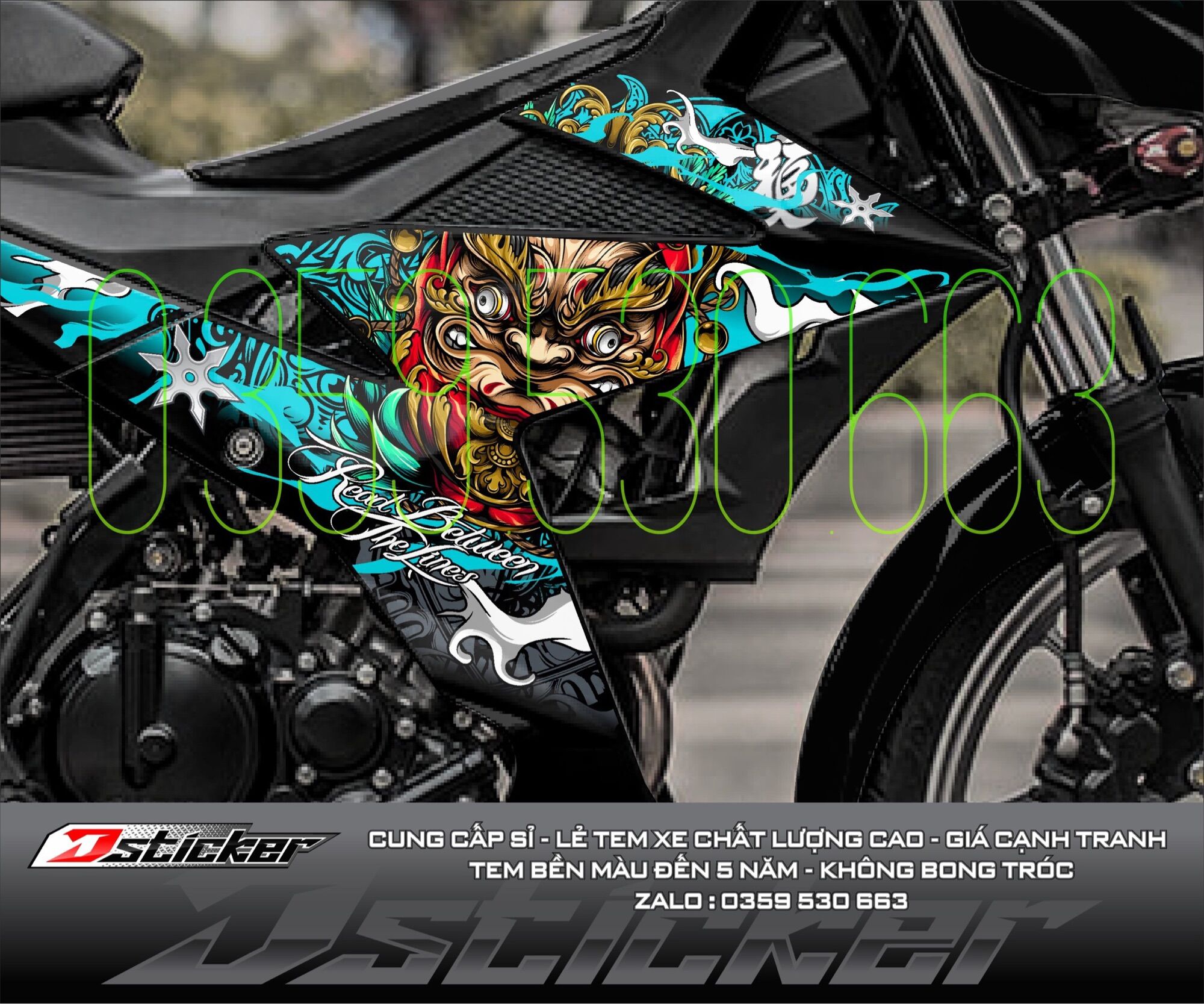 Tem rời Daruma xanh ngọc lục bảo dán Satria xe đen