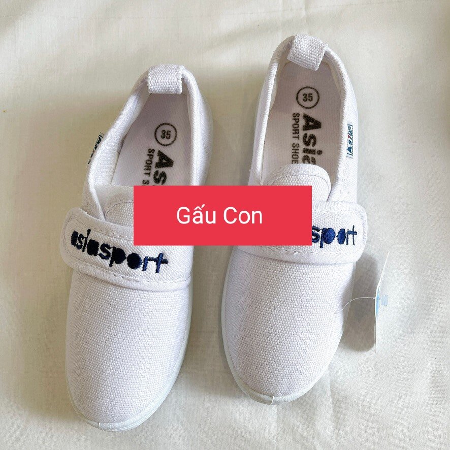 Giày thể dục thể thao trẻ em bé trai bé gái học sinh xé dán buộc dây Asia chất liệu vải canvas bata giá rẻ đủ size màu trắng đen sọc đỏ