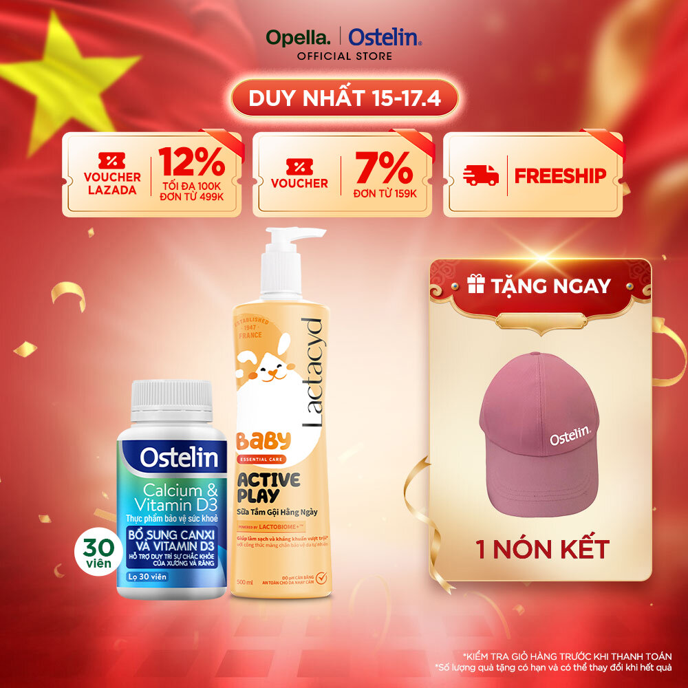 Ostelin Viên Uống Hỗ Trợ Bổ Sung Calcium  Vitamin D3 30 viên + Sữa Tắm Gội Hằng Ngày Cho Bé Lactacyd Baby Active Play 500ml